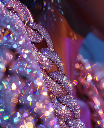 Closeup of woman adorned with a glittery purple chain necklaceの素材