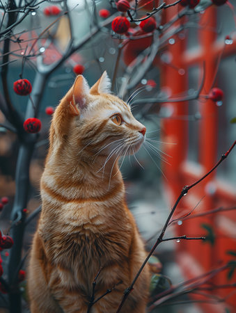 A Carnivore Cat with whiskers and fawn fur is perched in a tree with red berriesの素材