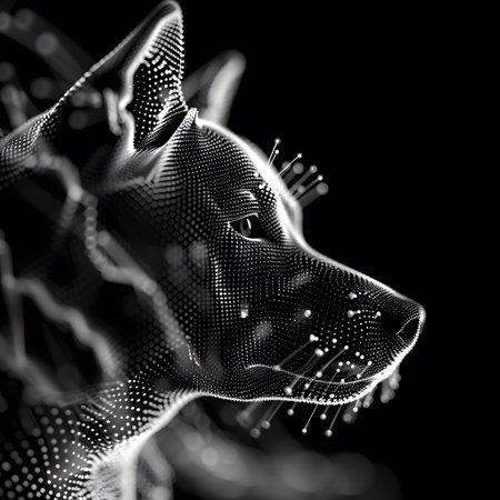 Monochrome image capturing a felidaes snout and whiskers in darknessの素材