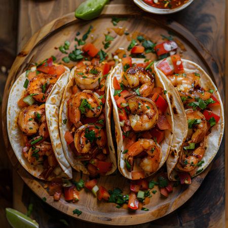 Wooden cutting board with shrimp tacos, a delicious dish ready to be enjoyedの素材