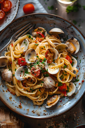 A delicious plate of pasta with clams and tomatoes on a table with a forkの素材