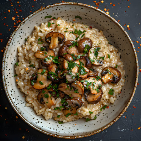 A plate of mushroom and parsley risotto on a tableの素材