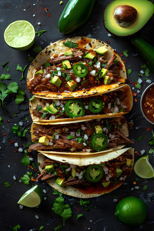 Three tacos stacked on table, a delicious dish with ingredients and garnishesの素材