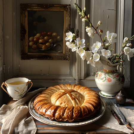 Plate of bread on table near vase of flowers, the perfect setting for a mealの素材
