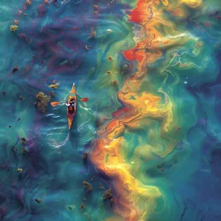 A person paddling a kayak on azure water among fish and marine organismsの素材