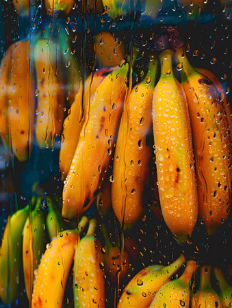 Bunch of bananas behind glass with water drops, natural produceの素材