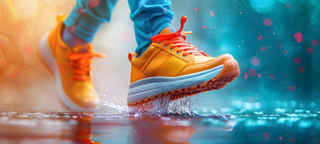 Someone in yellow sneakers splashes through a water puddleの素材
