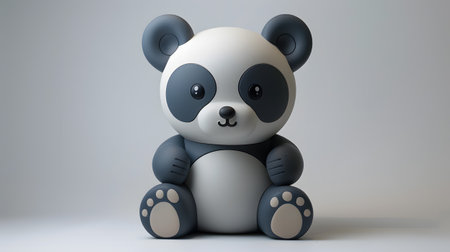A toy panda with furry patterns sits on a white surfaceの素材