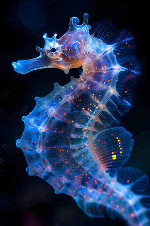 Electric blue seahorse with crown glowing in liquid darknessの素材