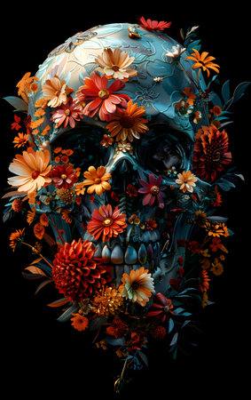 A skull surrounded by flowers on a black backgroundの素材