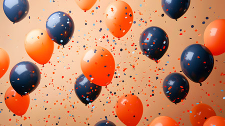 Colorful orange and azure balloons and confetti floating in the skyの素材