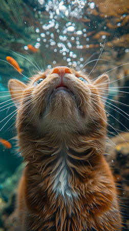 Closeup of a Felidae cat with whiskers gazing at fish in a tankの素材