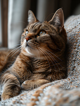 A domestic shorthaired cat with whiskers laying on a couch, gazing upwardsの素材
