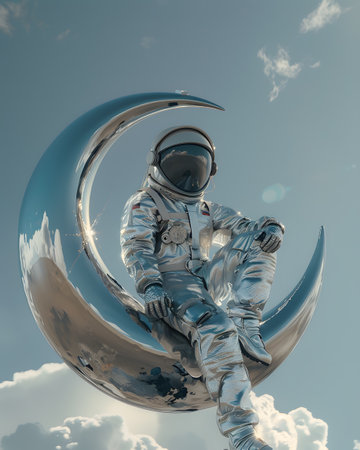 Astronaut sitting on crescent moon in the sky, surrounded by starsの素材