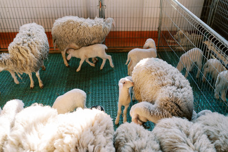 White lambs stand near mothers sheep in a pen on a farm