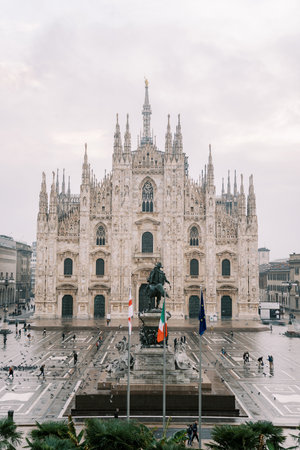 Statue of King Vittorio Emanuele II in the square in front of the Duomo. Milan, Italyの写真素材