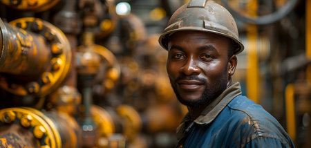 A man with a helmet stands in a factory, smiling at a metal sculptureの素材