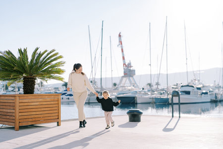 Smiling mother and little girl walking along the pier holding handsの写真素材
