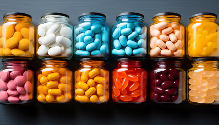 White pills on blue backgroundの素材