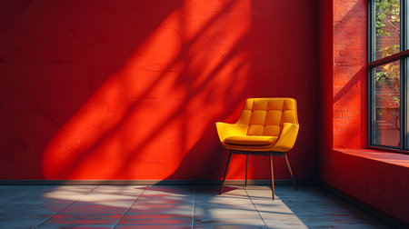 a yellow chair is sitting in a room with red walls and a windowの素材