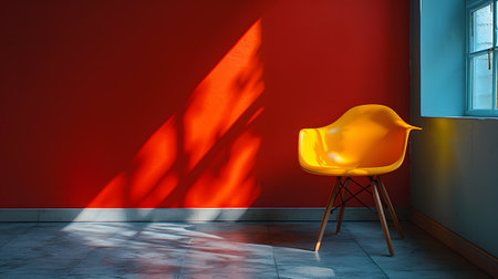 A yellow chair sits by a red wall in a room, adding a pop of color to the spaceの素材