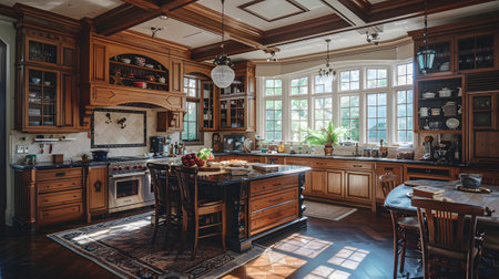 A kitchen with wooden cabinets and a large island in the centerの素材