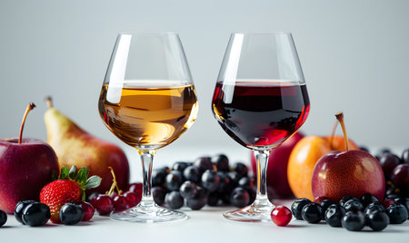 Two glasses of wine with fruit on a table, surrounded by natural foodsの素材