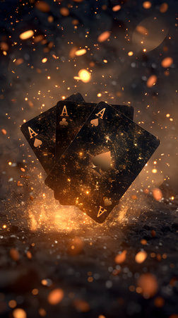 Brown playing cards in air, dark atmosphere, science eventの素材