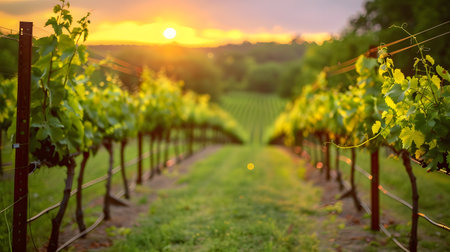 Plant rows in vineyard with setting sun, natural landscapeの素材