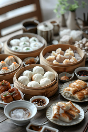 A variety of food and ingredients displayed on the tableの素材