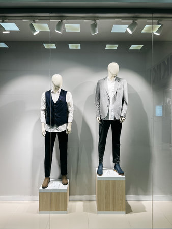 Budva, Montenegro - 25 december 2022: Mannequins with classic men clothing stand in a shop window
