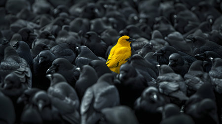 Yellow bird stands out among black crows, unique contrast in natureの素材