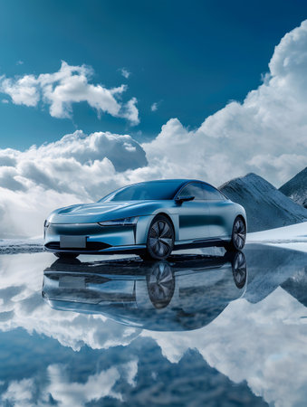 Futuristic Electric Car on Reflective Mountain Road with Blue Skyの素材