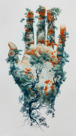 Handshaped Trees with Orange Blossoms NatureHumanity Integrationの素材