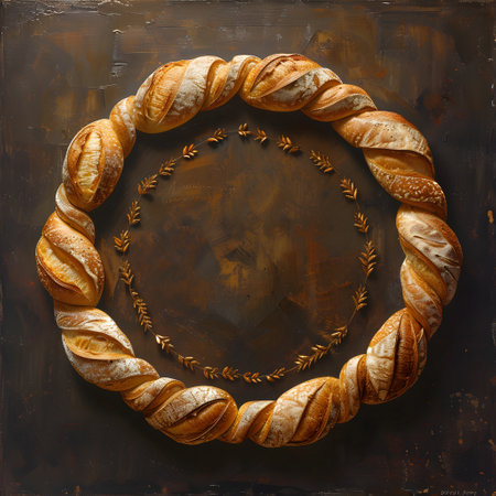 A bread wreath made with natural ingredients, sitting on a wooden tableの素材