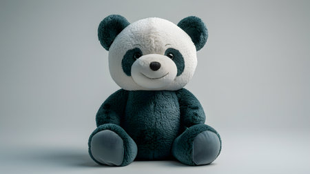 Toy panda, in electric blue fur pattern, sits on white surfaceの素材