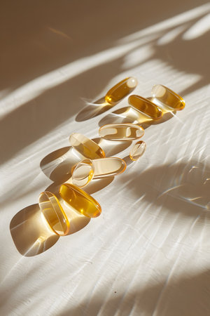 Golden Capsules in Sunlight - Health and Wellness Conceptの素材