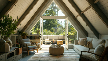 Cozy A-Frame Loft with Modern Furnishings and Garden Viewの素材