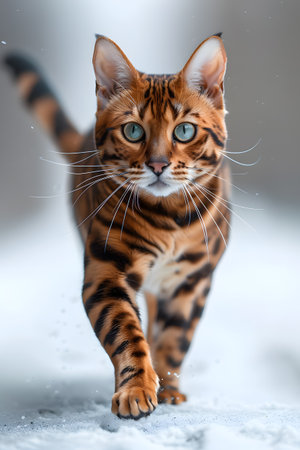 Felidae walking in snow, whiskers and tail visible, looking at cameraの素材