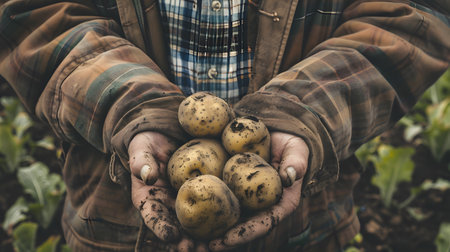 A person is holding natural foods, potatoes, in their handsの素材