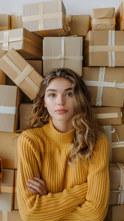 A woman with brown hair and a yellow sweater smiles in front of cardboard boxesの素材