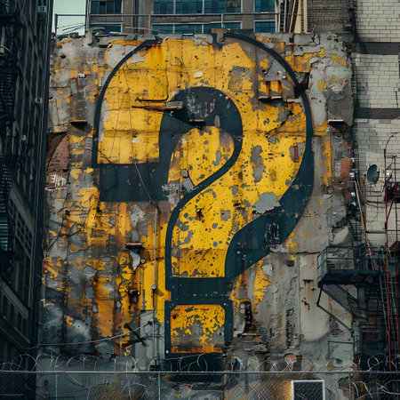 a large yellow question mark is painted on the side of a buildingの素材