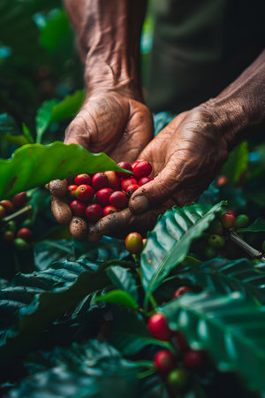 Person gathering coffee berries from plant, a food ingredientの素材