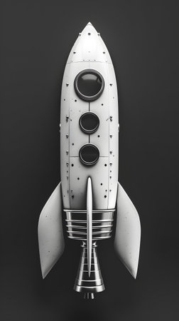 Black and white photo of rocket on black backgroundの素材