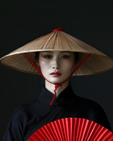 Woman flaunting a sun hat and red hand fan in fashionable attireの素材