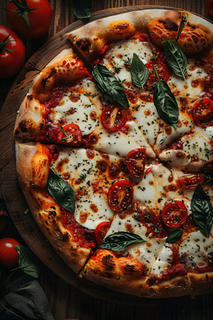 Food Californiastyle pizza with tomato, basil on wooden boardの素材