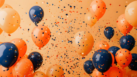 A mixture of orange and blue balloons, along with confetti, fill the airの素材