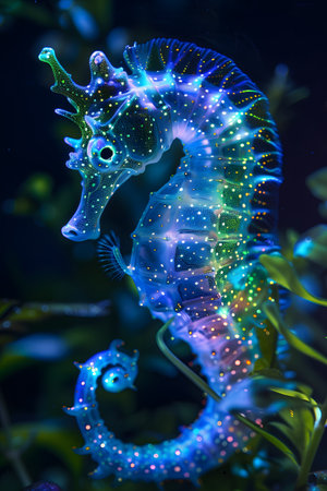 A Northern Seahorse glows electric blue in darkness in a tankの素材