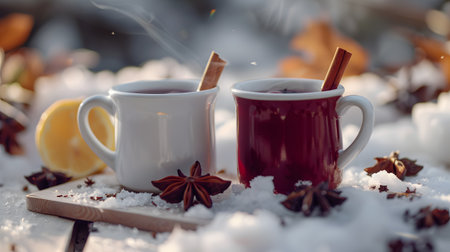 Delight in Warm Winter Beverages Amidst the Snowy Sceneryの素材