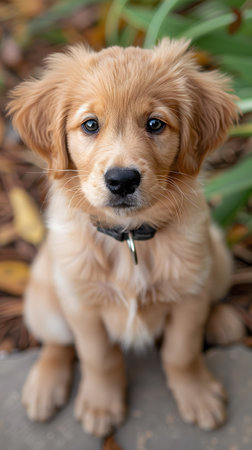 A young golden retriever pup sits on a rock, gazing at the cameraの素材
